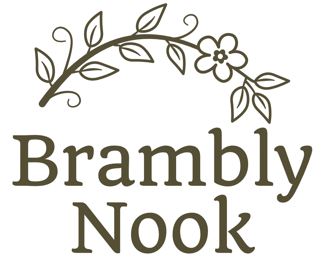 The name Brambly Nook with and arched stem with leaves and a single flower above the letters
